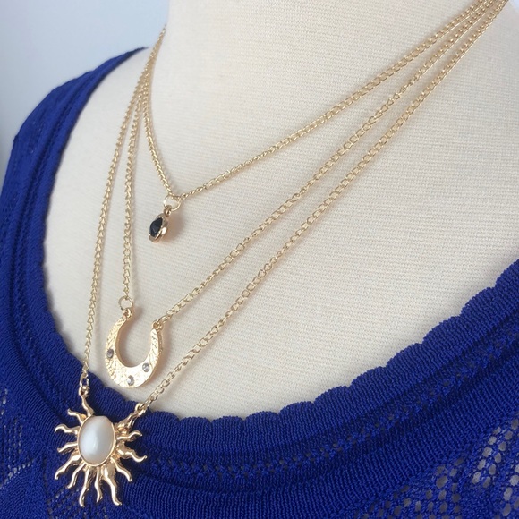 Layer Necklace Gold Silver Rose Gold Tone Moon Sun - Picture 4 of 7